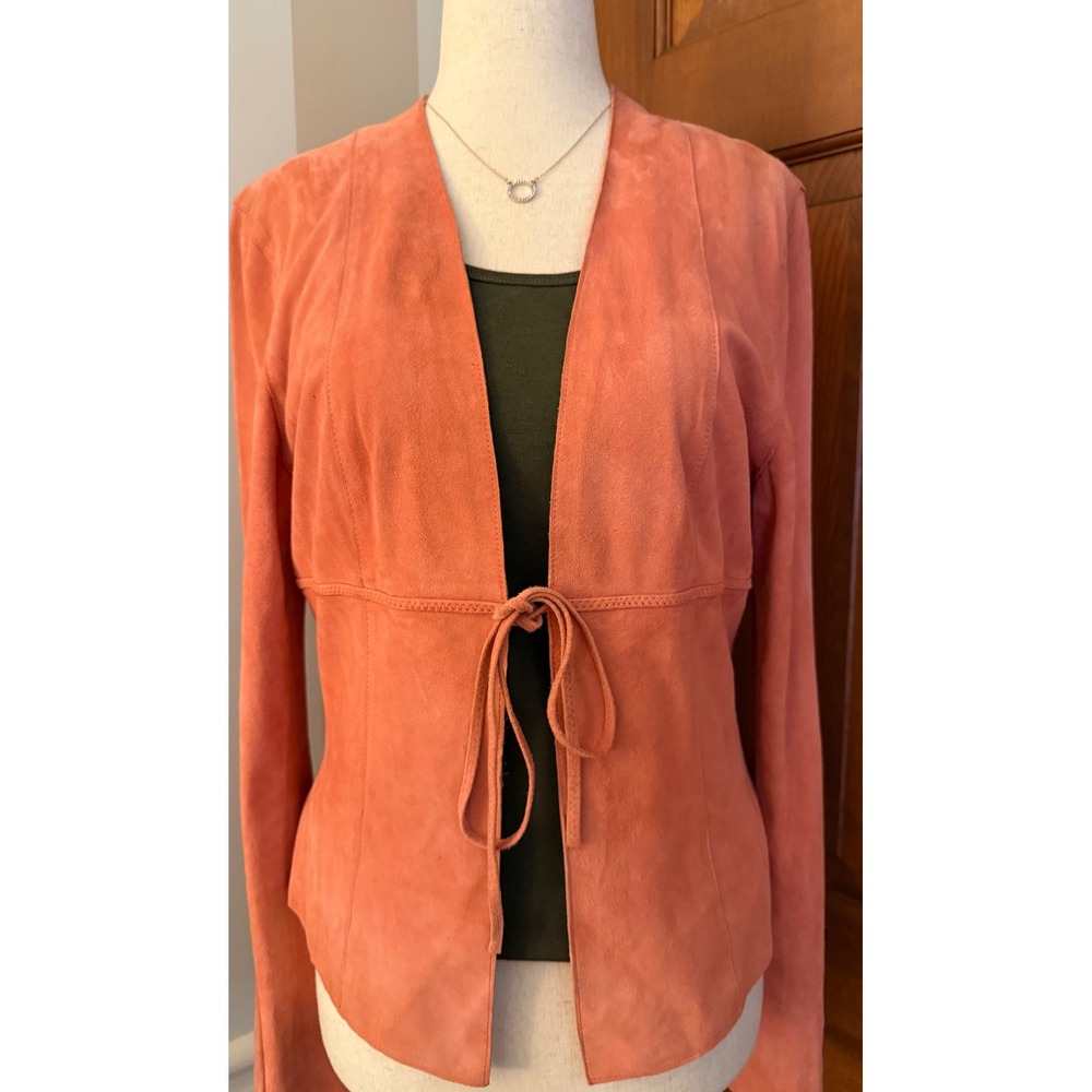 Tahari Suede Leather Jacket Womens Size 8 Tangerine Front Tie Lightweight